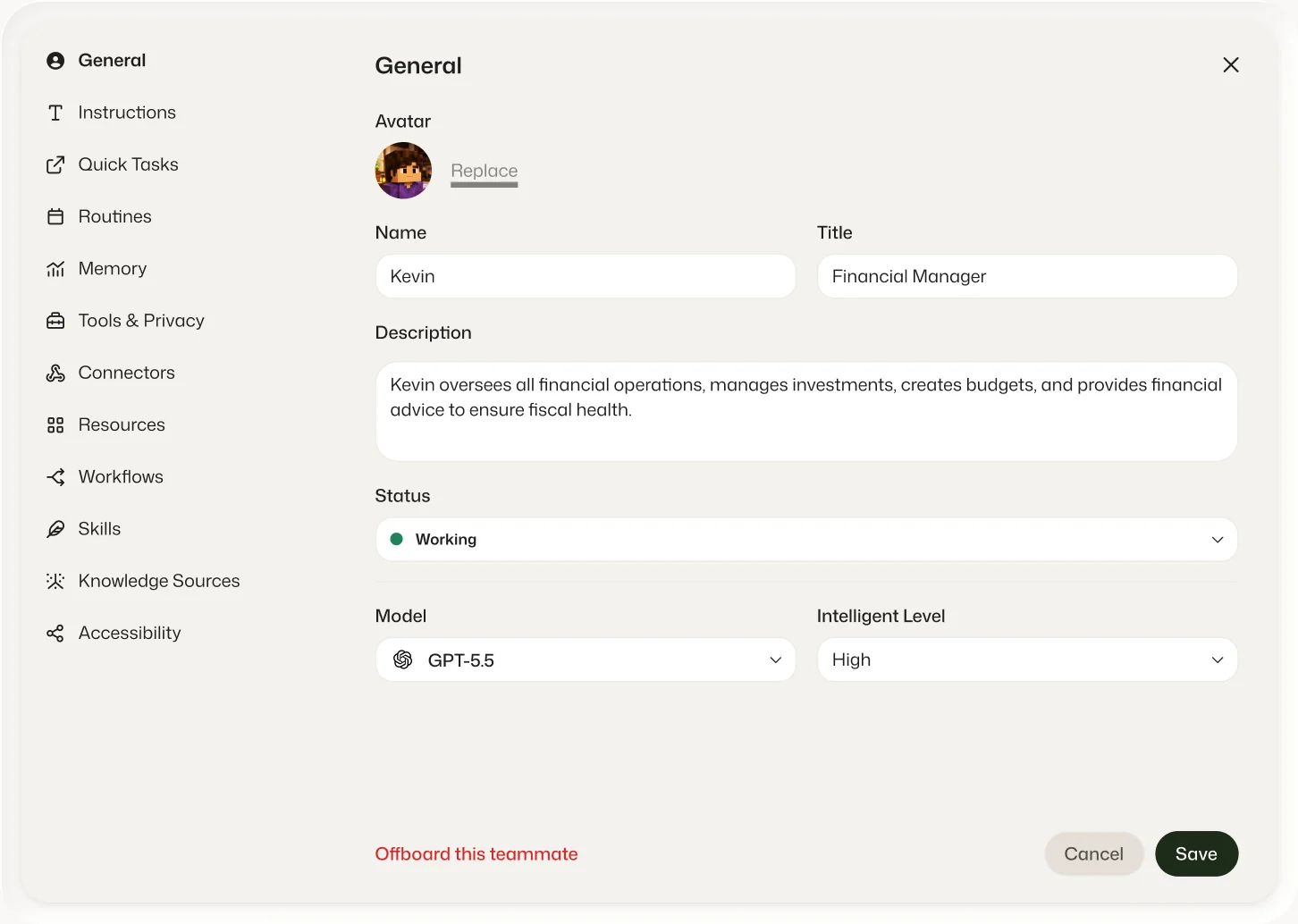 Teammate settings — name, description, model and intelligence level