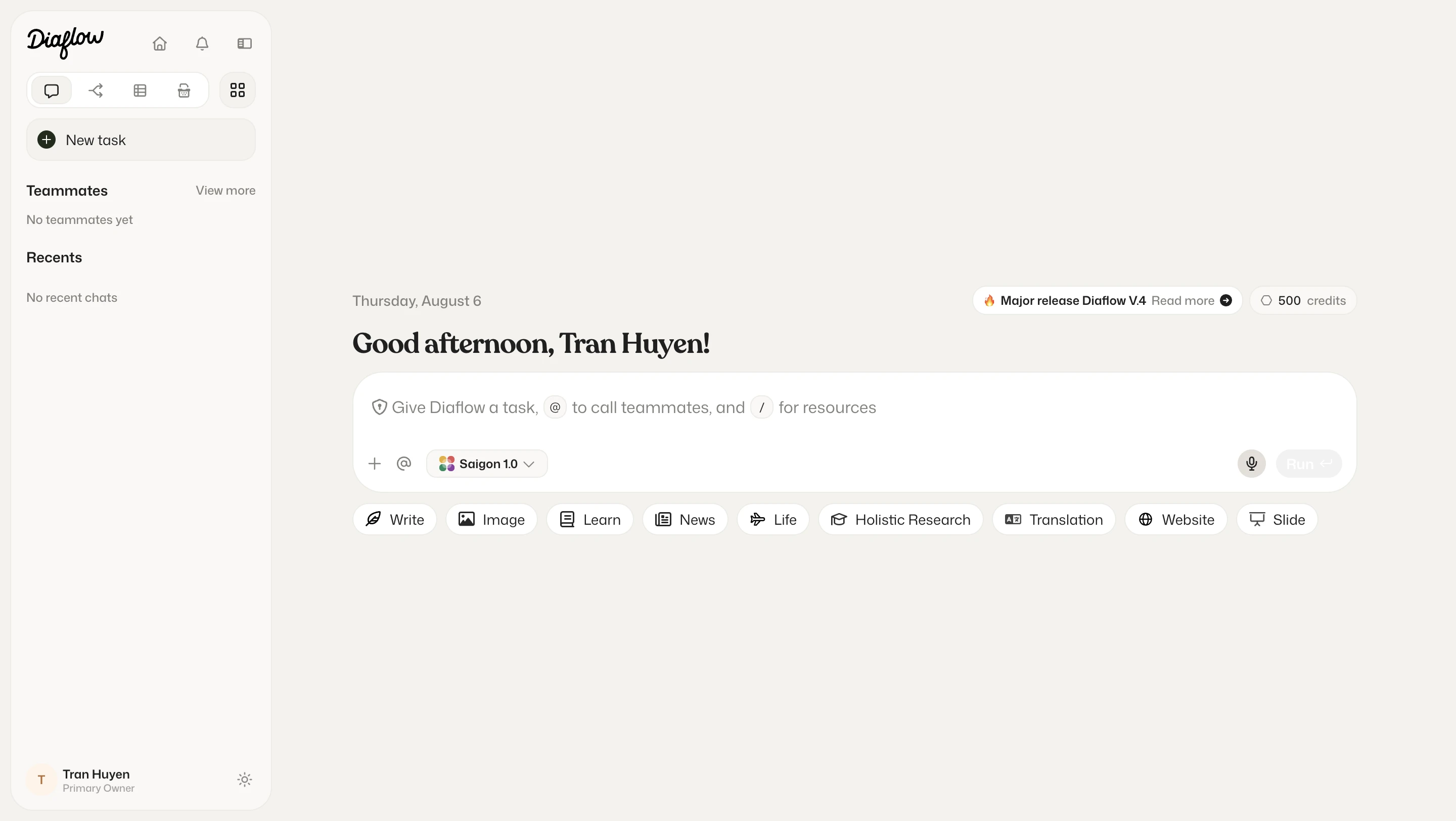 Diaflow app — chat workspace with AI teammates