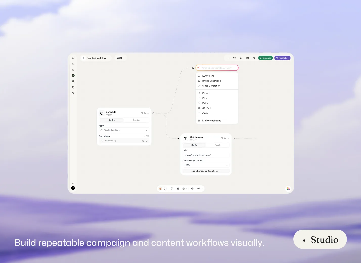Studio — build repeatable campaign and content workflows visually