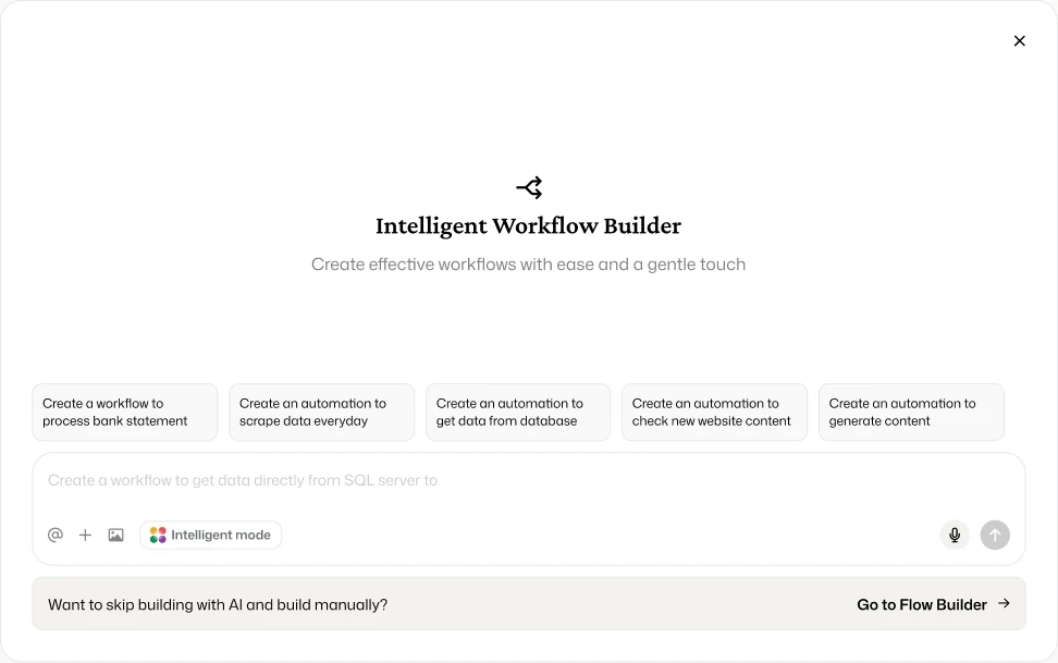 Intelligent Workflow Builder — prompt suggestions and the workflow chat input
