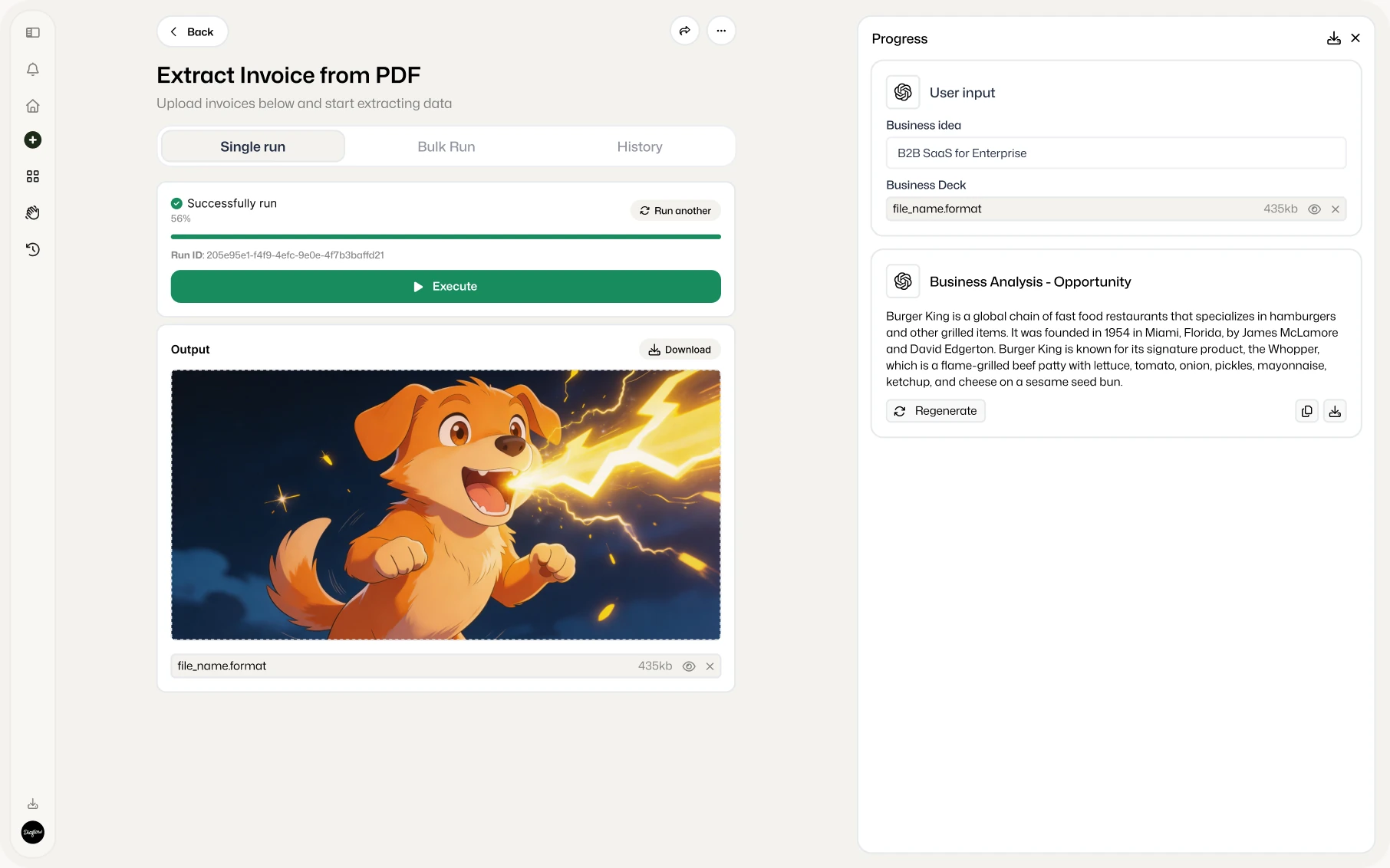 Extract Invoice from PDF — the workflow deployed as a standalone app with a progress panel