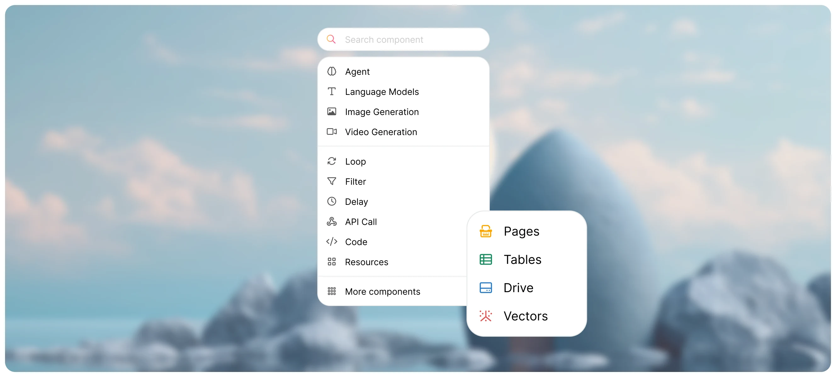 Diaflow Studio component menu — built-in Pages, Tables, Drive, and Vectors resources