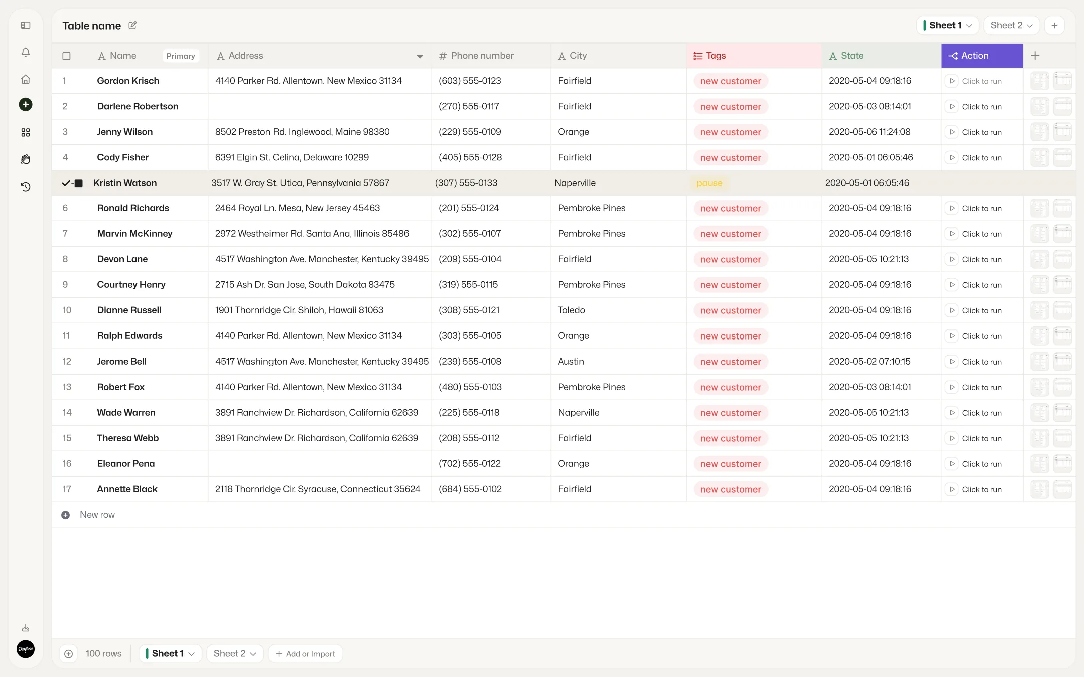 Diaflow Tables — relational grid with AI action columns