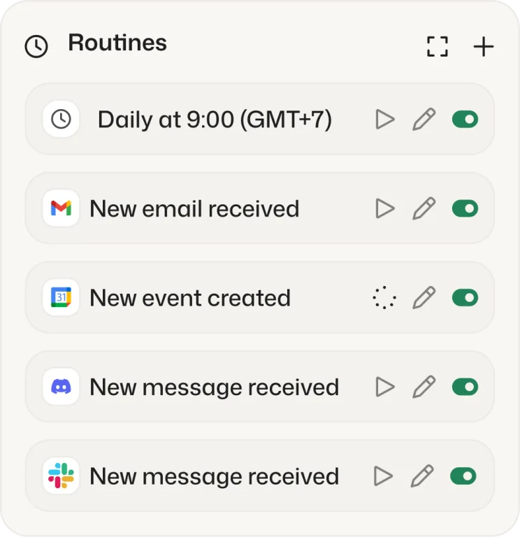 Routines panel with scheduled triggers